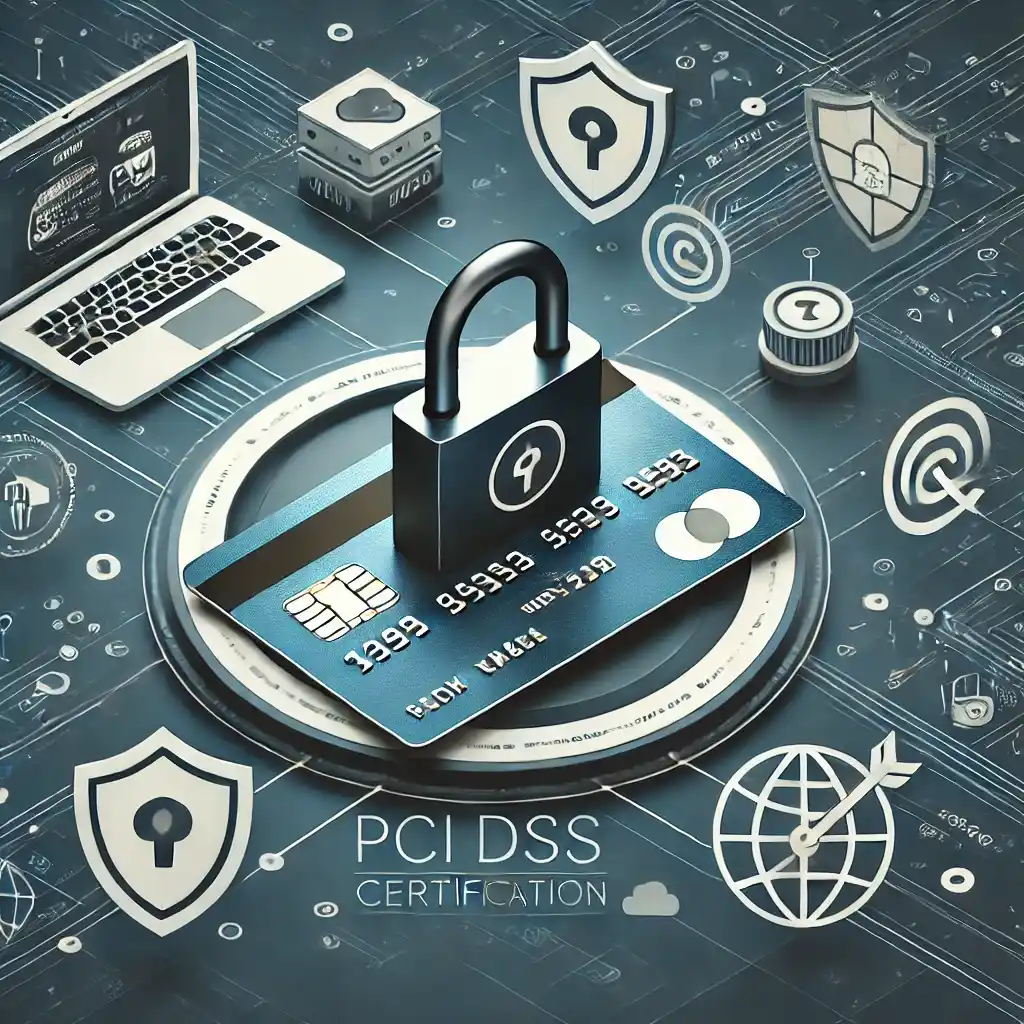 Visual representation of PCI DSS certification process, featuring a secure digital lock over a credit card, symbols of compliance, and data protection, emphasizing streamlined certification in 7 days. | PayStar.uk