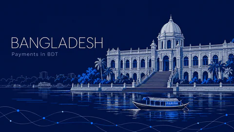 Fine pale line illustration of Ahsan Manzil palace in Dhaka and the Buriganga river on navy. Editorial AI illustration, not a documentary viewpoint.