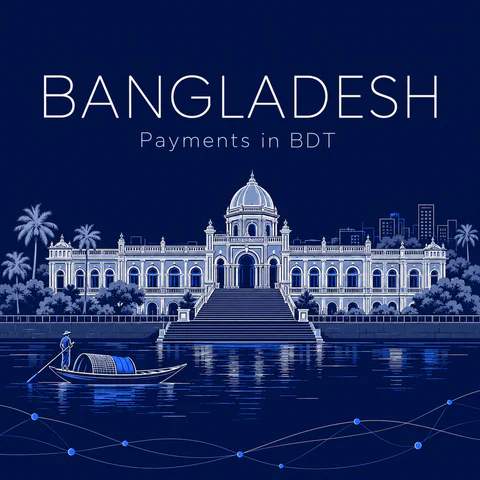 Fine pale line illustration of Ahsan Manzil palace in Dhaka and the Buriganga river on navy. Editorial AI illustration, not a documentary viewpoint.