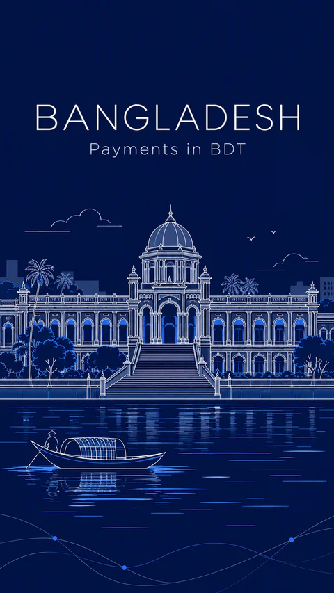 Fine pale line illustration of Ahsan Manzil palace in Dhaka and the Buriganga river on navy. Editorial AI illustration, not a documentary viewpoint.