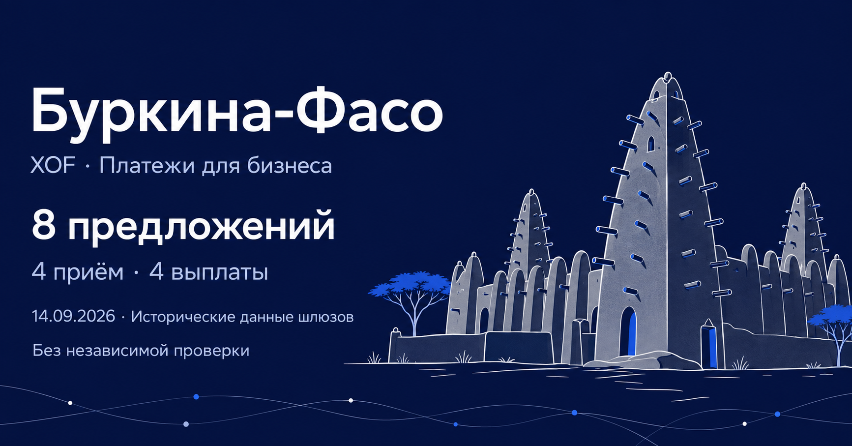Редакционная AI-иллюстрация земляной архитектуры по мотивам Бобо-Диуласо: Буркина-Фасо, XOF, восемь предложений, четыре на приём и четыре на выплаты, исторические данные шлюзов 14 сентября 2026 без независимой проверки.
