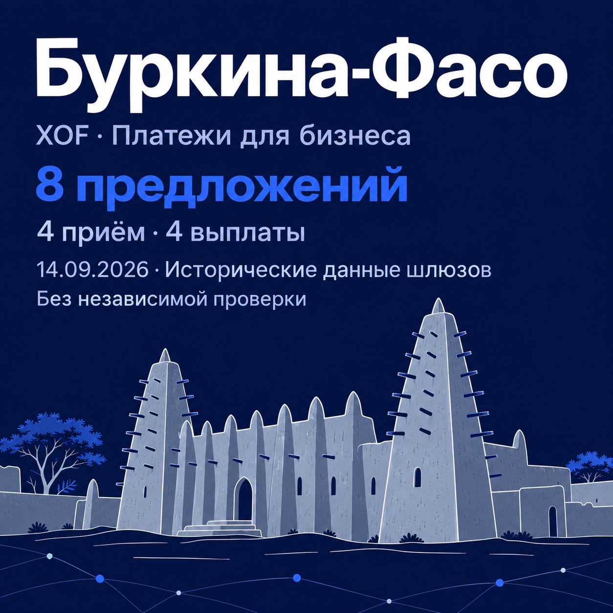 Редакционная AI-иллюстрация земляной архитектуры по мотивам Бобо-Диуласо: Буркина-Фасо, XOF, восемь предложений, четыре на приём и четыре на выплаты, исторические данные шлюзов 14 сентября 2026 без независимой проверки.