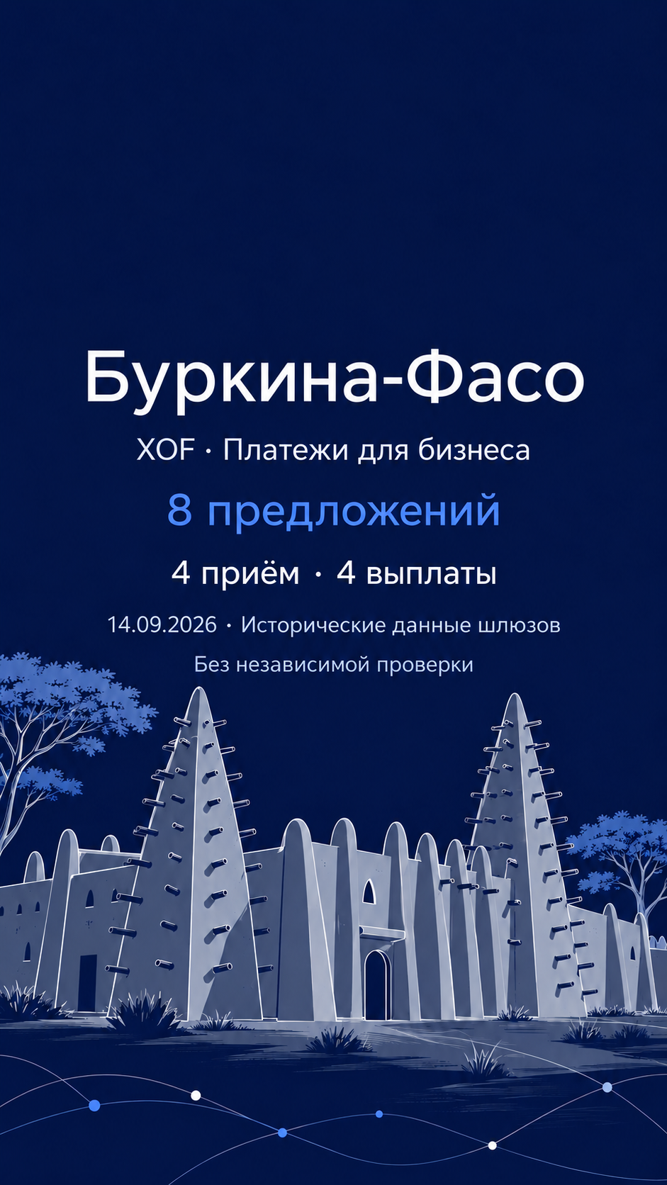 Редакционная AI-иллюстрация земляной архитектуры по мотивам Бобо-Диуласо: Буркина-Фасо, XOF, восемь предложений, четыре на приём и четыре на выплаты, исторические данные шлюзов 14 сентября 2026 без независимой проверки.