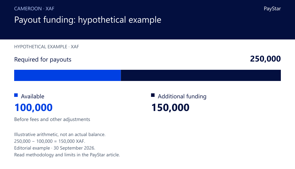 Payout funding: hypothetical example. Hypothetical arithmetic, not observed gateway data: XAF 250,000 required minus XAF 100,000 available equals XAF 150,000 additional funding.