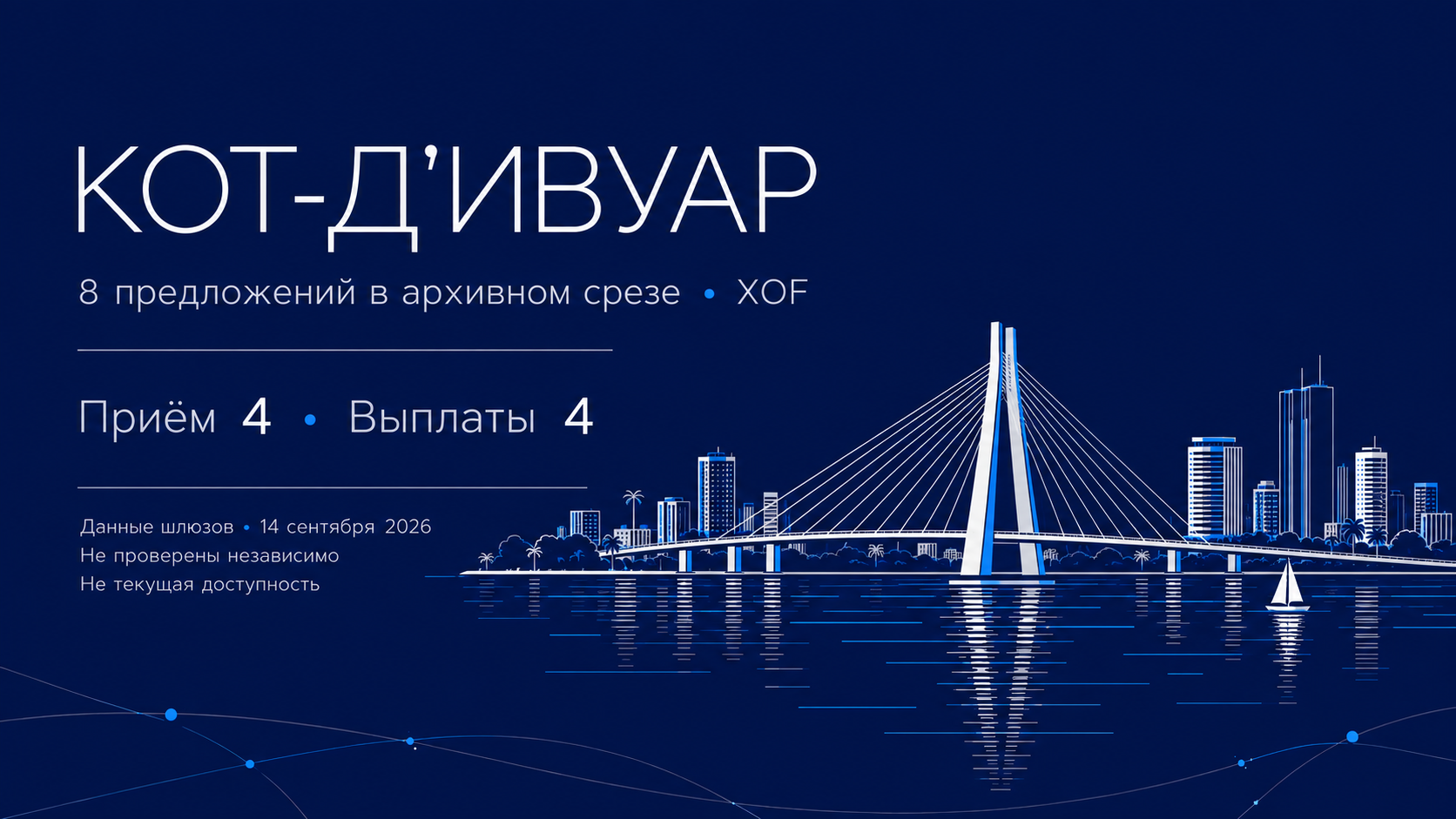 Кот-д’Ивуар: тонкая светлая иллюстрация вантового моста Абиджана, лагуны и города на тёмно-синем фоне; 8 предложений, 4 на приём и 4 на выплаты, XOF, 14 сентября 2026. Редакционная AI-сцена, не документальный ракурс.