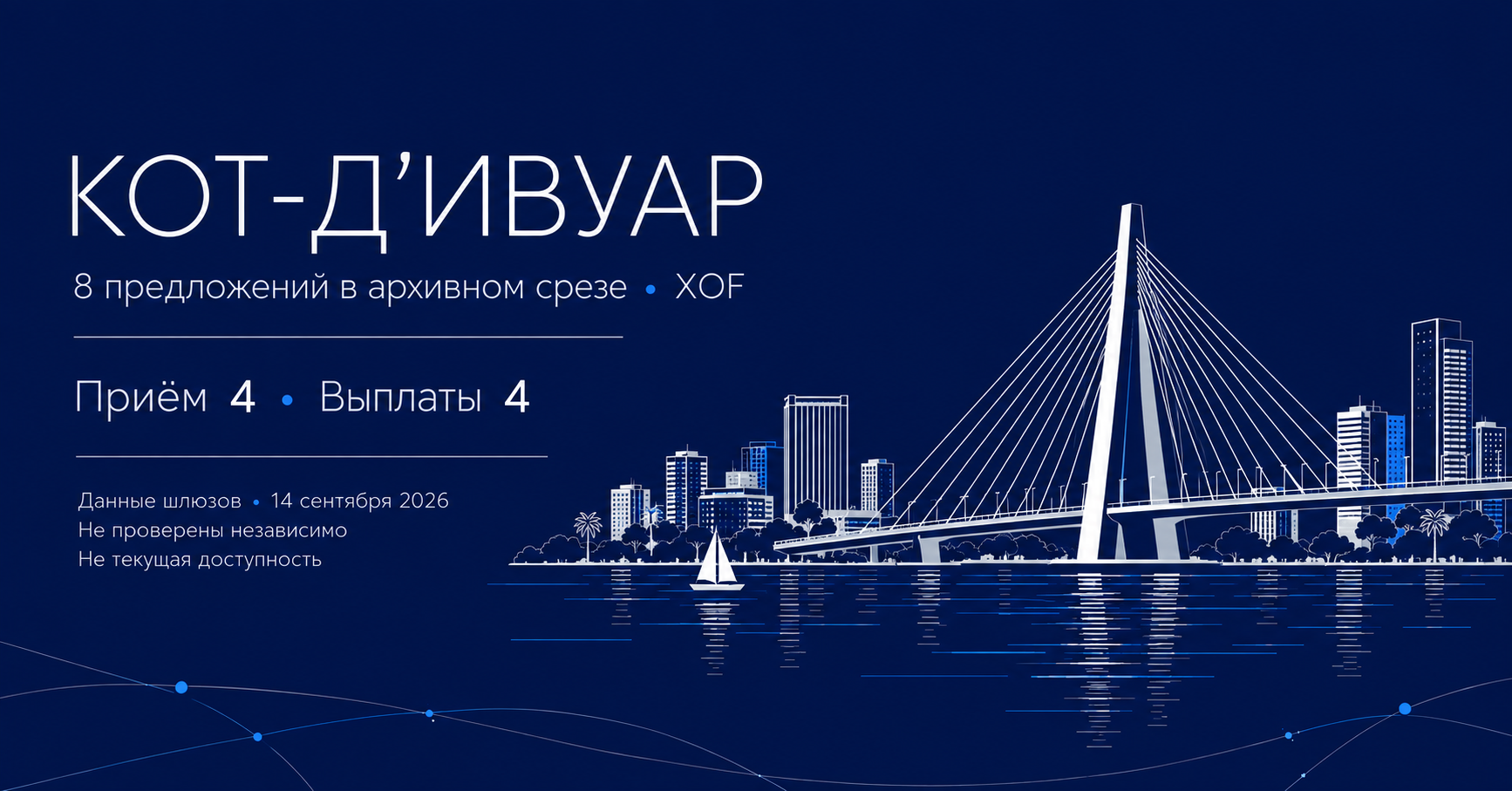 Кот-д’Ивуар: тонкая светлая иллюстрация вантового моста Абиджана, лагуны и города на тёмно-синем фоне; 8 предложений, 4 на приём и 4 на выплаты, XOF, 14 сентября 2026. Редакционная AI-сцена, не документальный ракурс.