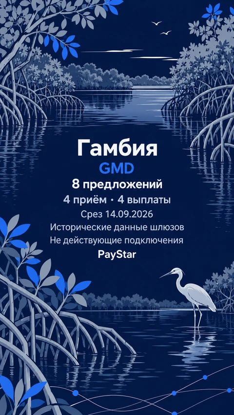 Редакционная AI-иллюстрация по мотивам мангровой протоки устья реки Гамбия. 8 исторических предложений: 4 приём, 4 выплаты; GMD; срез 14 сентября 2026. Не действующие подключения; не документальный вид.