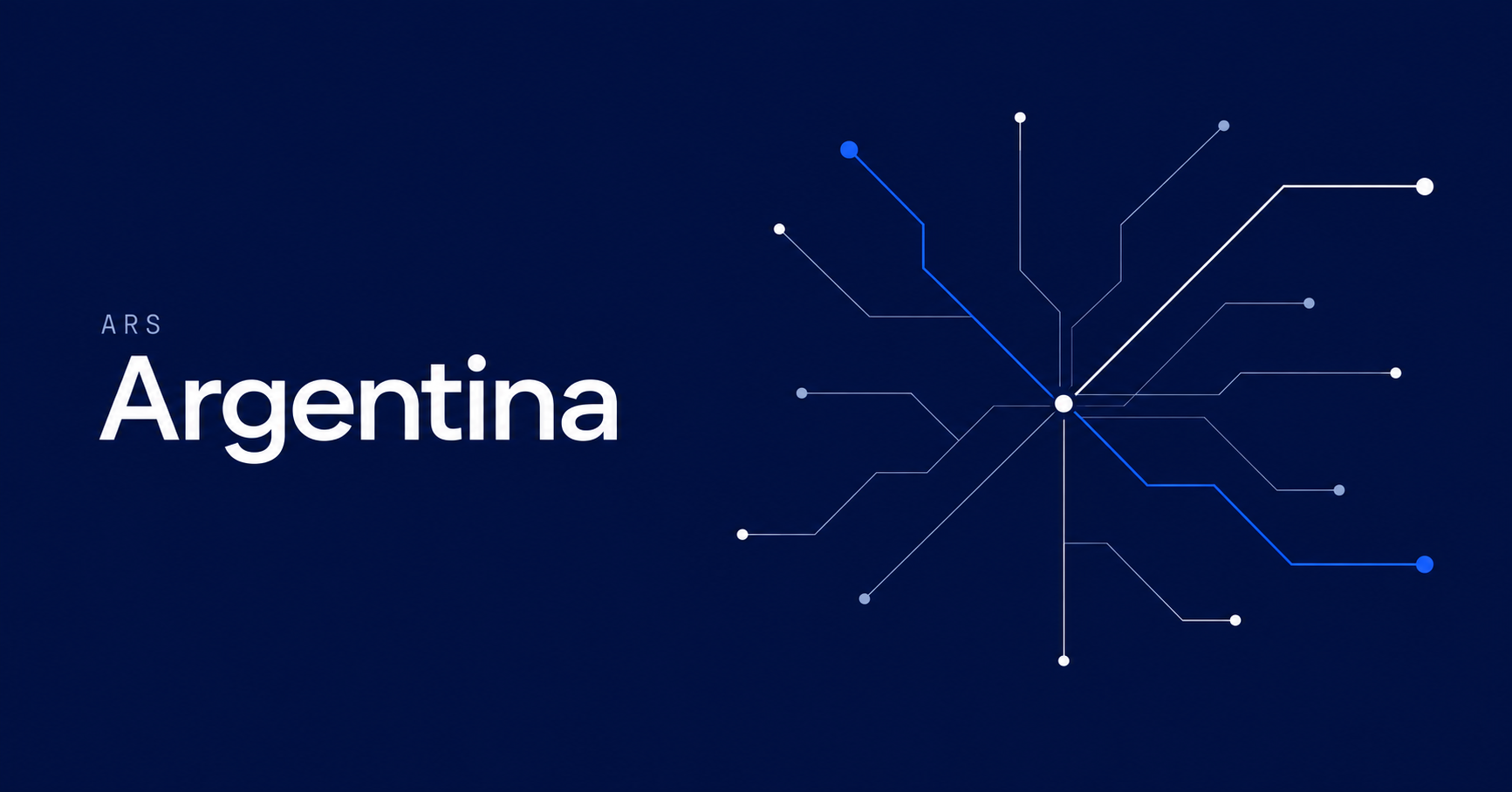Argentina and ARS typography beside a fine branching network with distinct blue and white routes on navy.