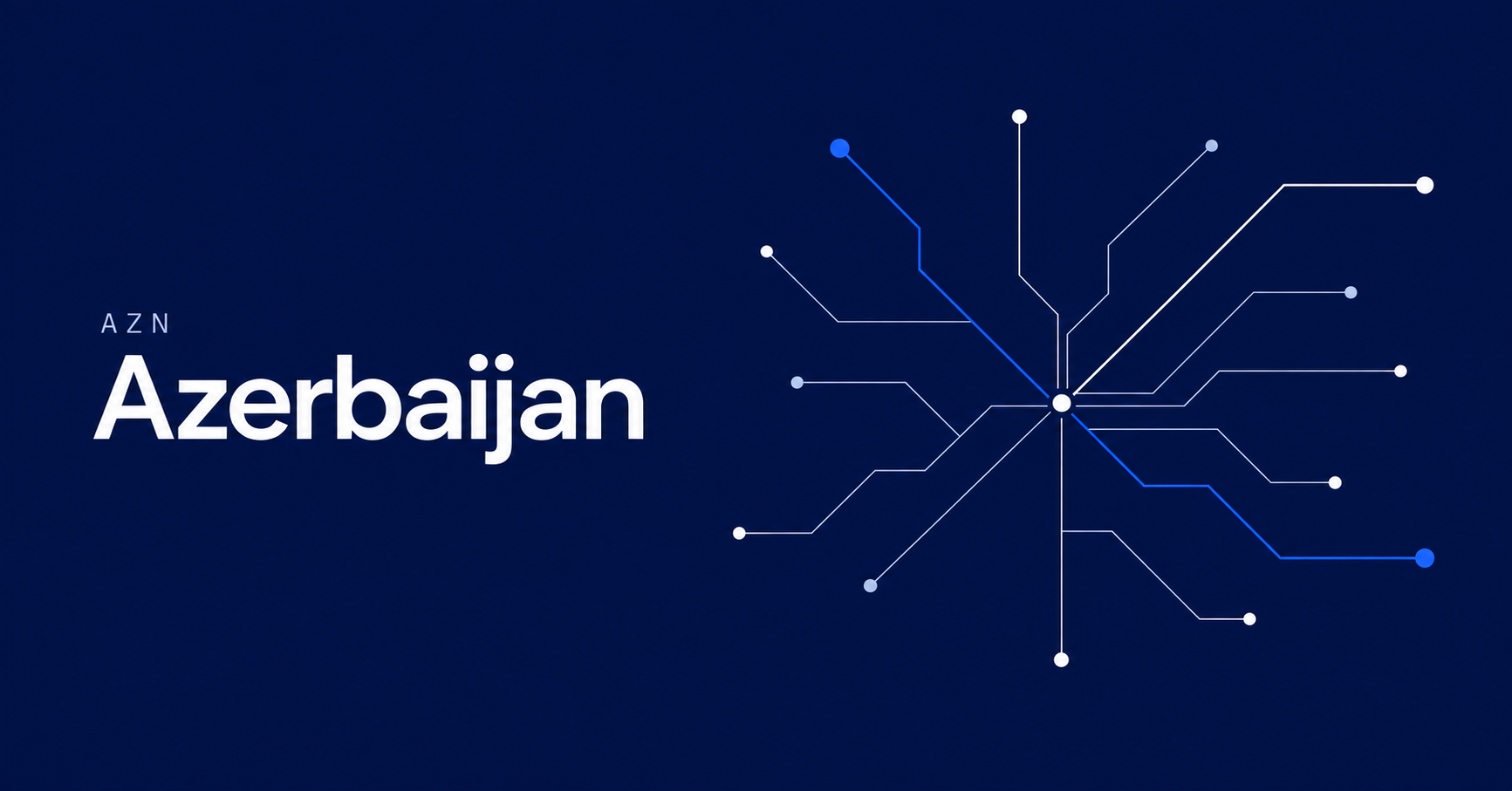 Azerbaijan and AZN typography beside a fine branching network with a blue route on navy.