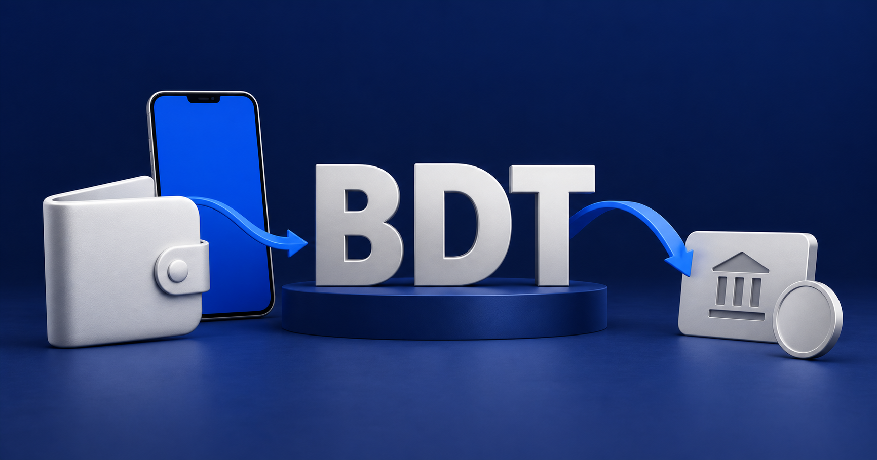 Silver BDT letters between a mobile wallet and a recipient account symbol, connected by blue payment paths.