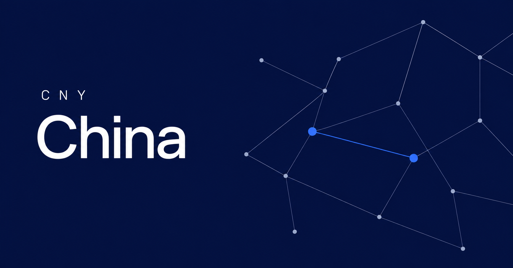 China and CNY typography beside fine payment-network routes on a navy background.