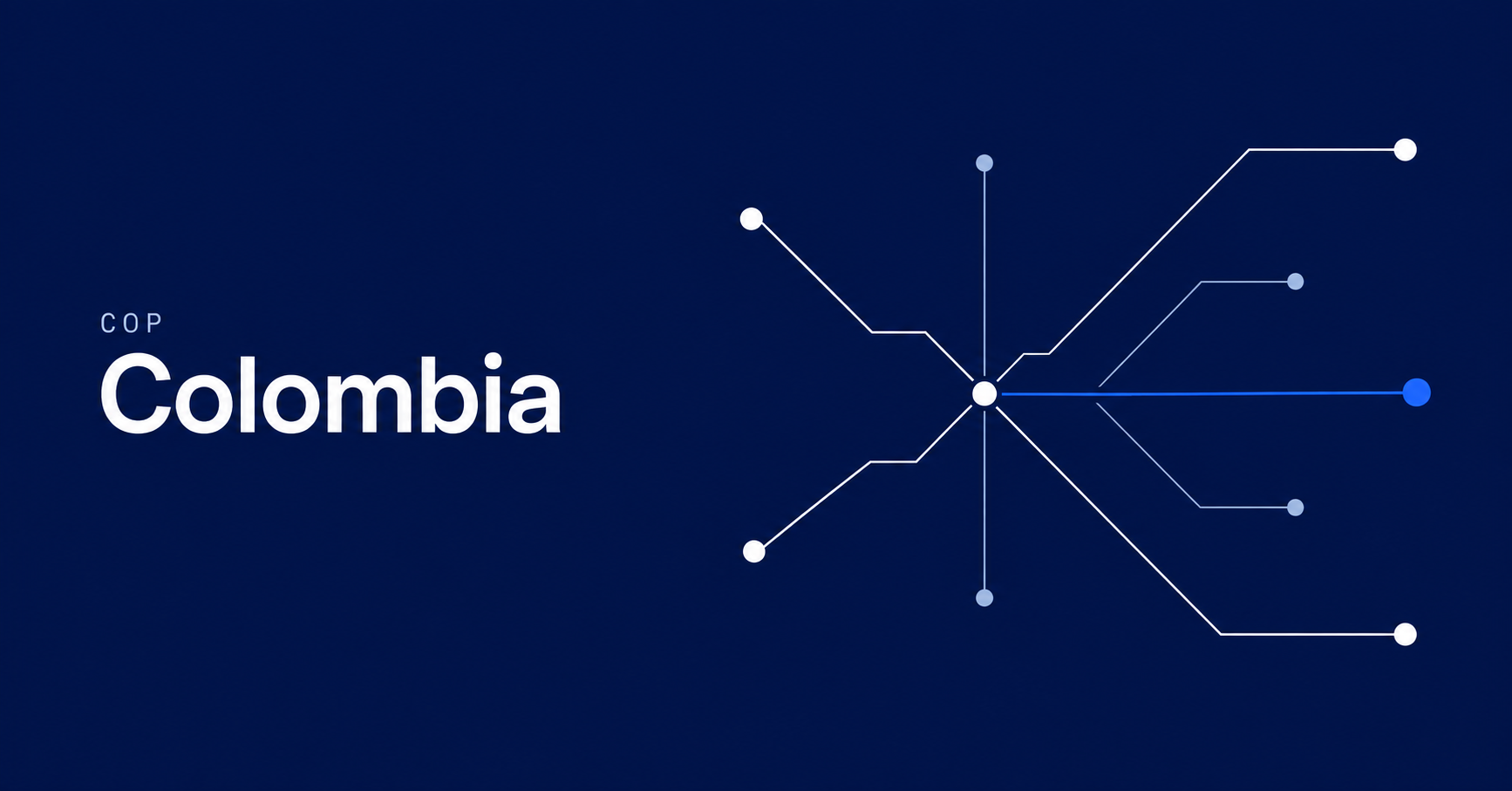 Colombia and COP typography beside fine payment-network routes on a navy background.