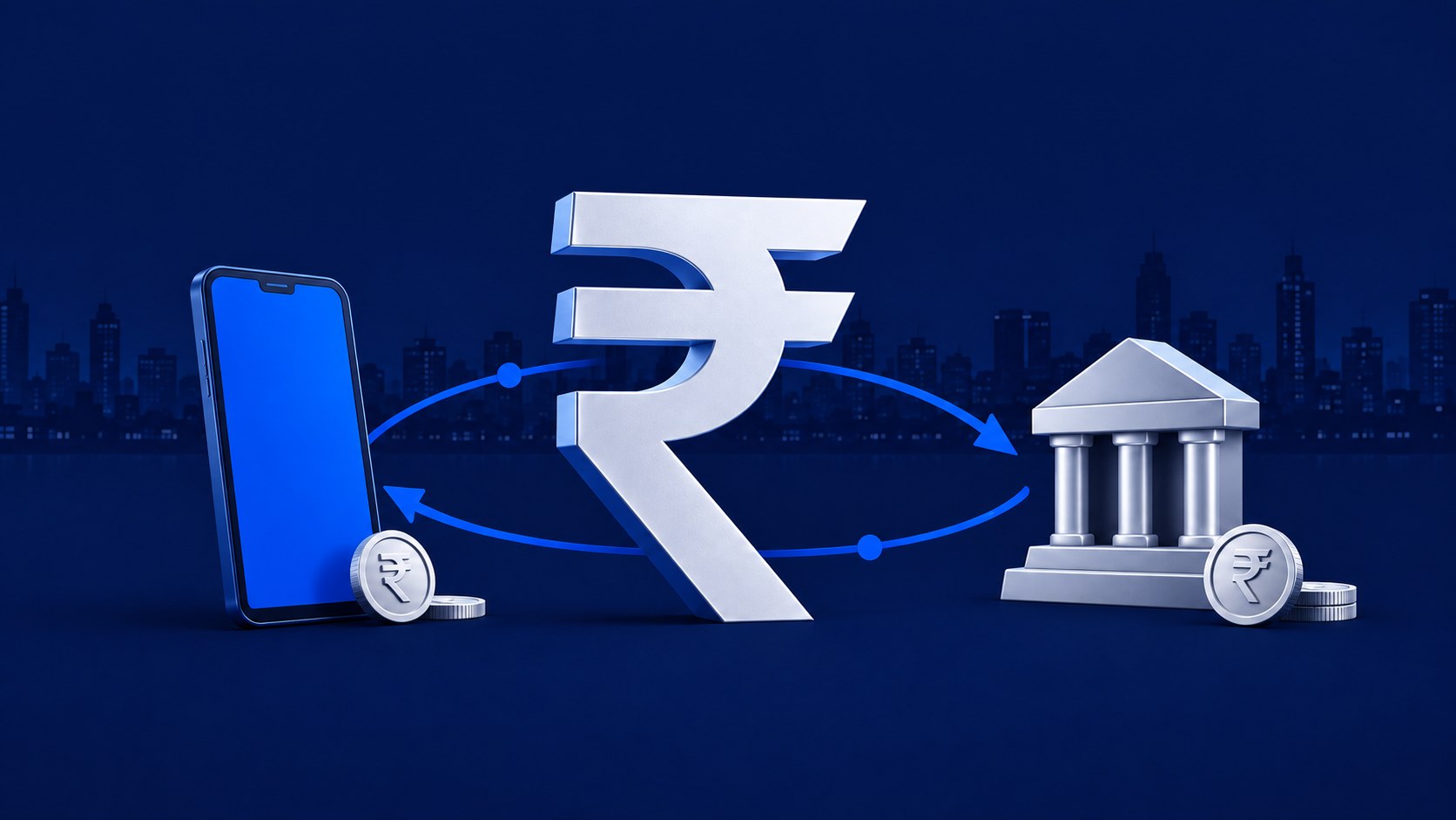 Indian rupee symbol between a smartphone and a bank, illustrating INR collections and payouts.