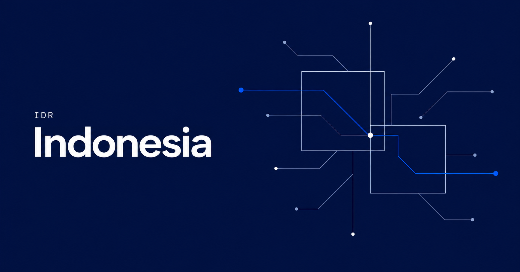Indonesia and IDR typography beside two fine square frames linked by blue and muted payment routes on navy.