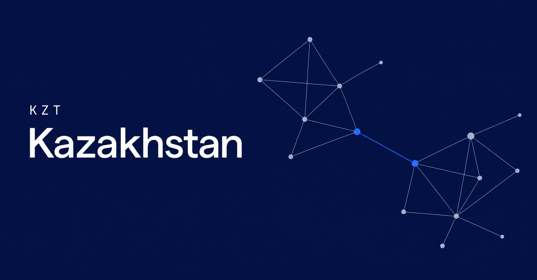 Kazakhstan and KZT typography beside fine payment-network routes on a navy background.