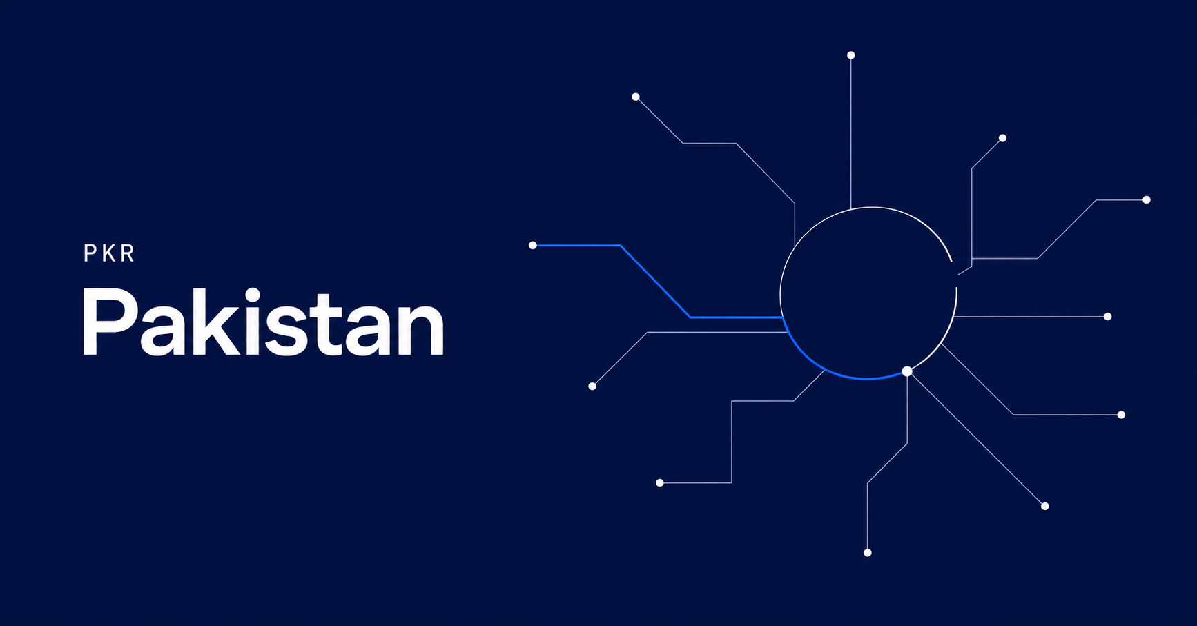 Pakistan and PKR typography beside an open circular path and delicate branching payment routes on navy.
