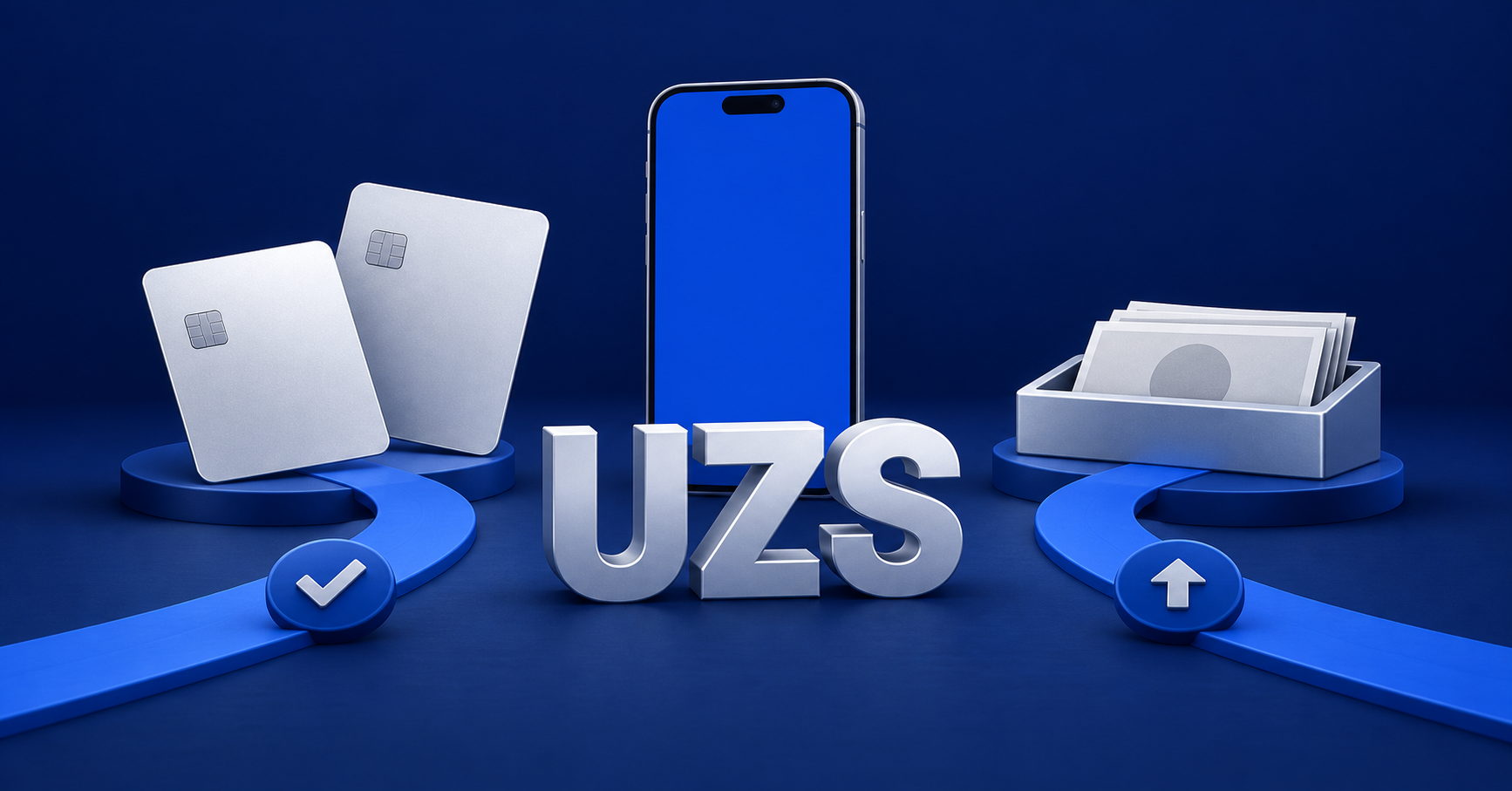 Silver UZS letters with two unbranded payment cards, a smartphone and a payout tray connected by separate blue paths.