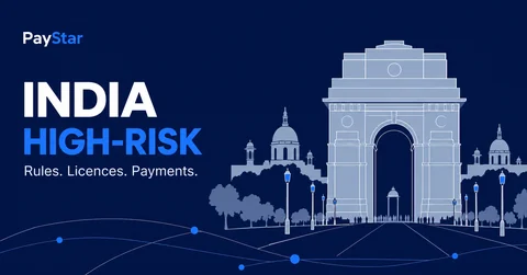 Flat navy editorial AI illustration inspired by India Gate, with an India high-risk headline. Not a documentary view.