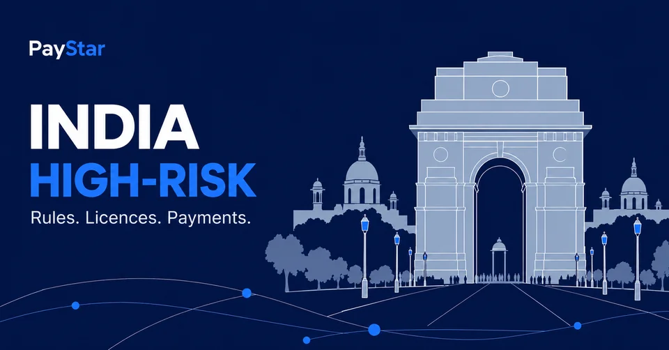 Flat navy editorial AI illustration inspired by India Gate, with an India high-risk headline. Not a documentary view.