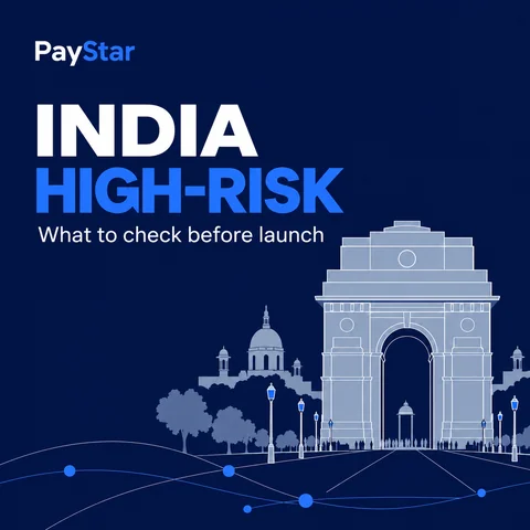 Flat navy editorial AI illustration inspired by India Gate, with an India high-risk headline. Not a documentary view.