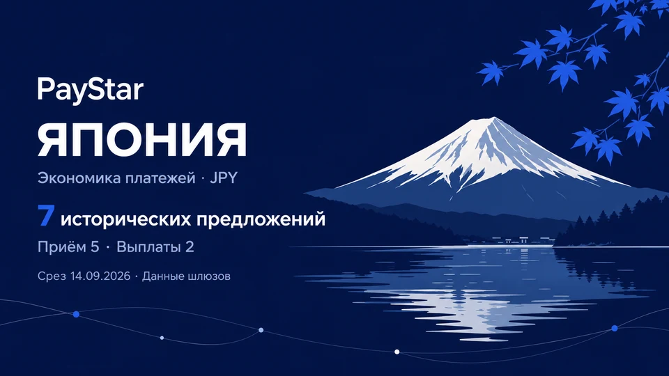 Япония: Фудзи над озером на тёмно-синем фоне, 7 исторических предложений, приём 5 и выплаты 2; JPY — валютный контекст. Редакционная AI-иллюстрация.