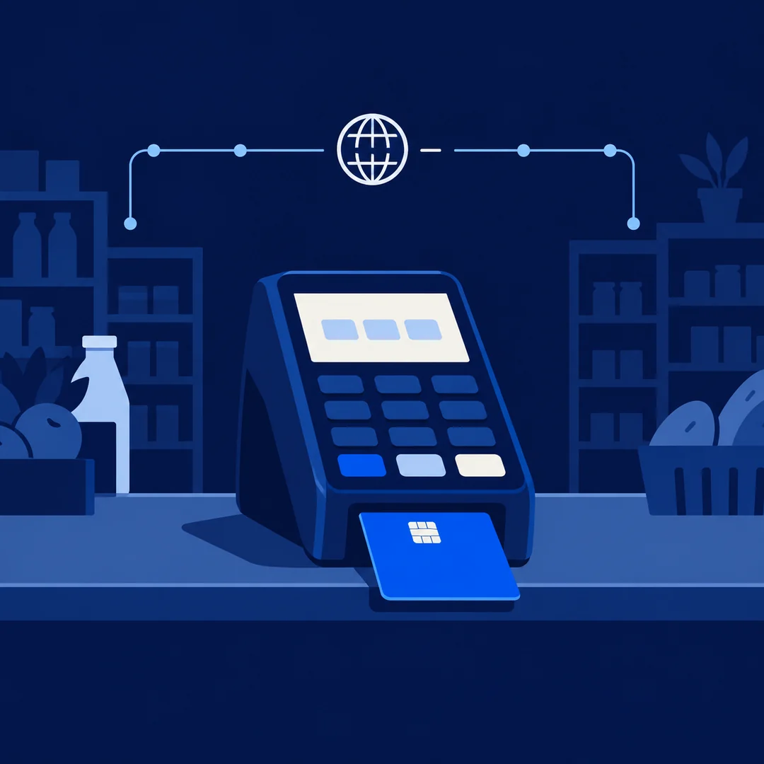 Editorial AI illustration of a shop terminal and an interrupted internet connection.