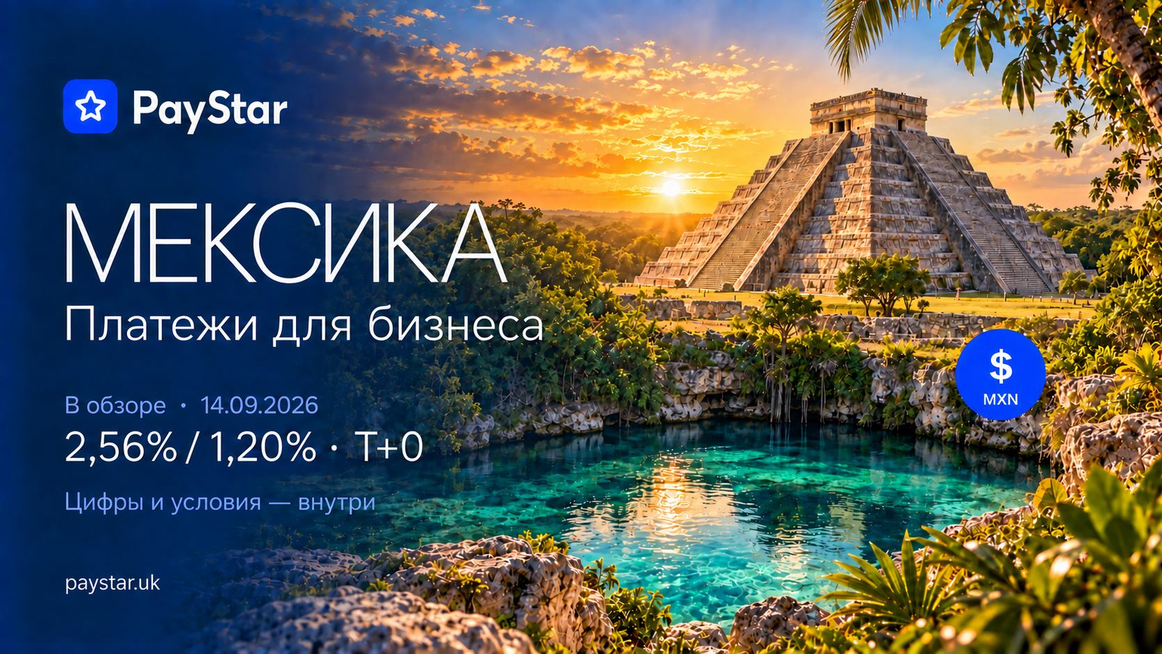 Редакционная AI-иллюстрация Мексики: пирамида Кукулькана в Чичен-Ице, джунгли, бирюзовый сенот и золотой закат; это художественный монтаж, не документальная точка съёмки. PayStar, MXN; 2,56% / 1,20% · T+0. Исторический срез от 14 сентября 2026 года.