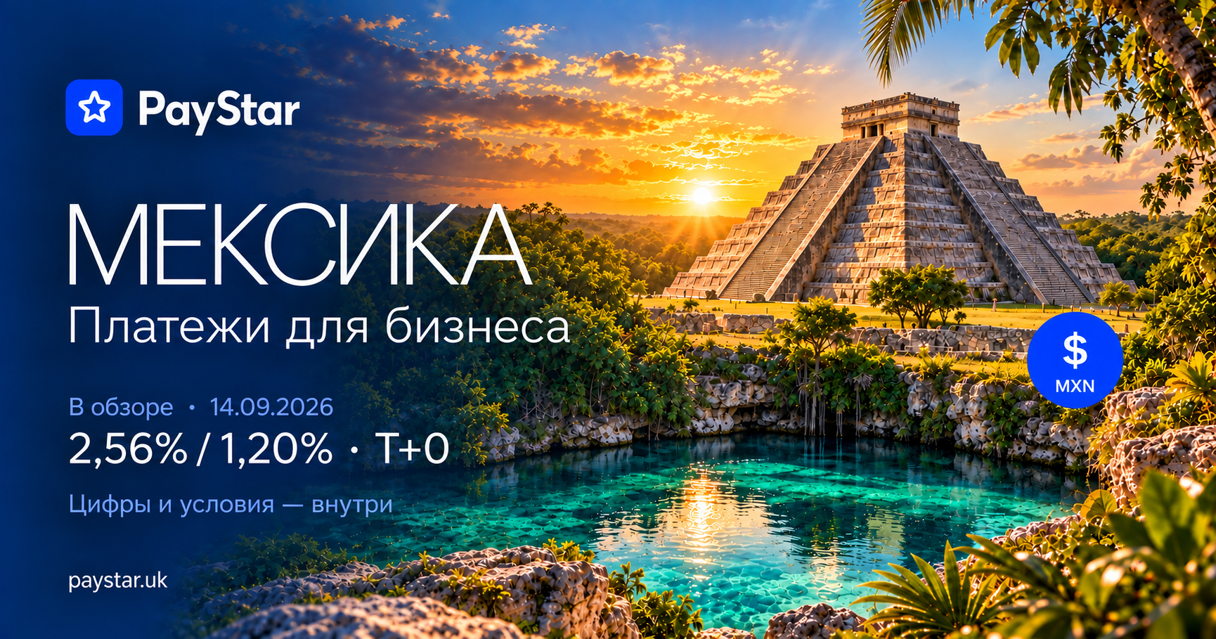 Редакционная AI-иллюстрация Мексики: пирамида Кукулькана в Чичен-Ице, джунгли, бирюзовый сенот и золотой закат; это художественный монтаж, не документальная точка съёмки. PayStar, MXN; 2,56% / 1,20% · T+0. Исторический срез от 14 сентября 2026 года.