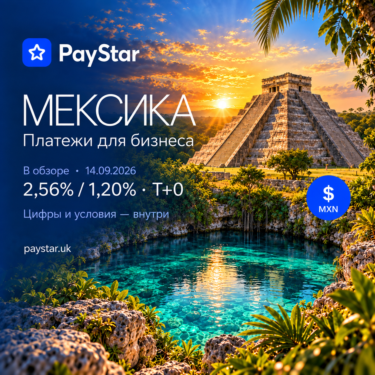 Редакционная AI-иллюстрация Мексики: пирамида Кукулькана в Чичен-Ице, джунгли, бирюзовый сенот и золотой закат; это художественный монтаж, не документальная точка съёмки. PayStar, MXN; 2,56% / 1,20% · T+0. Исторический срез от 14 сентября 2026 года.