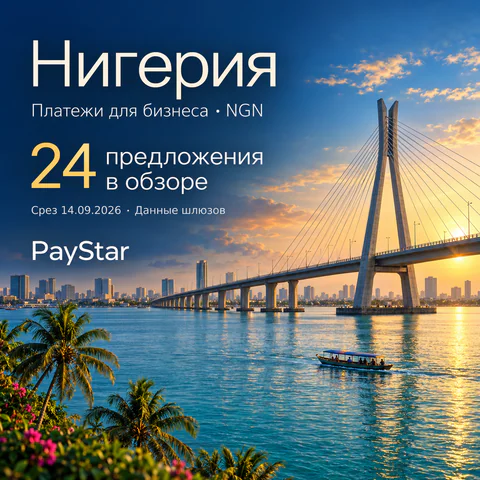 Нигерия: 24 предложения в обзоре; Платежи для бизнеса · NGN. Bright editorial landscape.