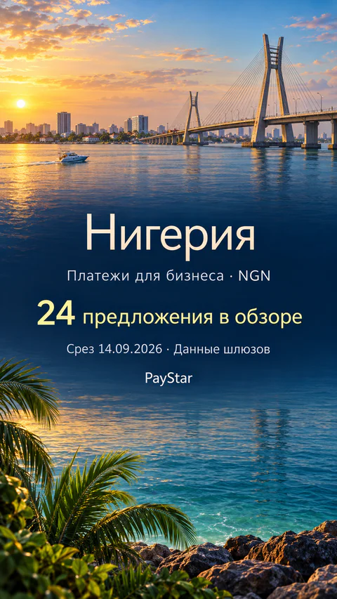 Нигерия: 24 предложения в обзоре; Платежи для бизнеса · NGN. Bright editorial landscape.