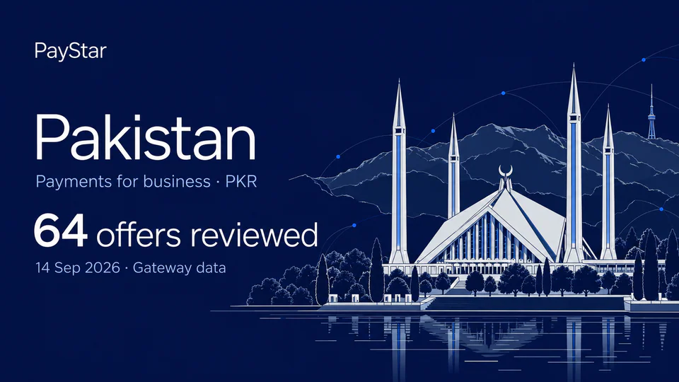Pakistan: 64 offers reviewed; Payments for business · PKR. Navy editorial landscape.
