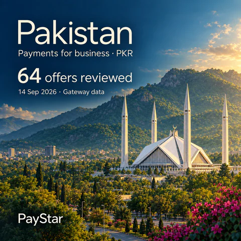 Pakistan: 64 offers reviewed; Payments for business · PKR. Bright editorial landscape.