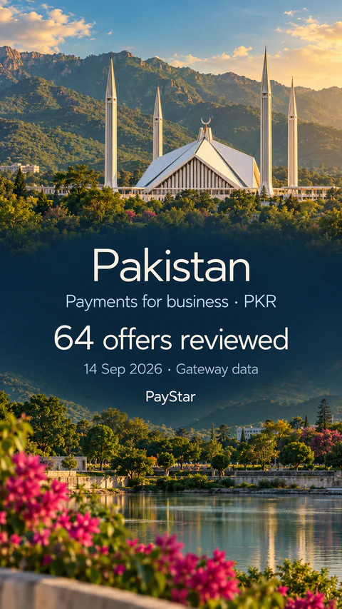 Pakistan: 64 offers reviewed; Payments for business · PKR. Bright editorial landscape.