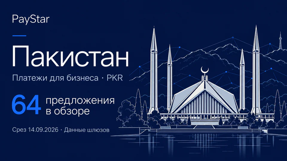 Пакистан: 64 предложения в обзоре; Платежи для бизнеса · PKR. Navy editorial landscape.