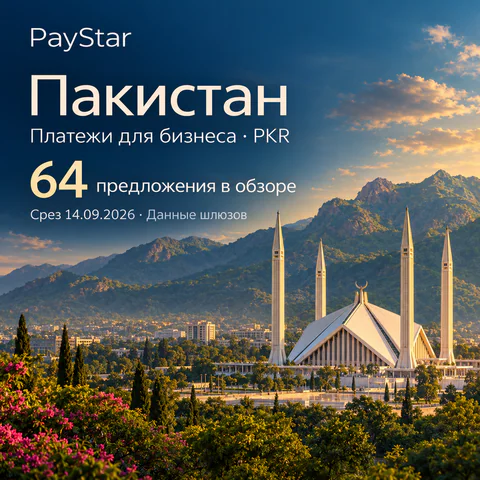 Пакистан: 64 предложения в обзоре; Платежи для бизнеса · PKR. Bright editorial landscape.