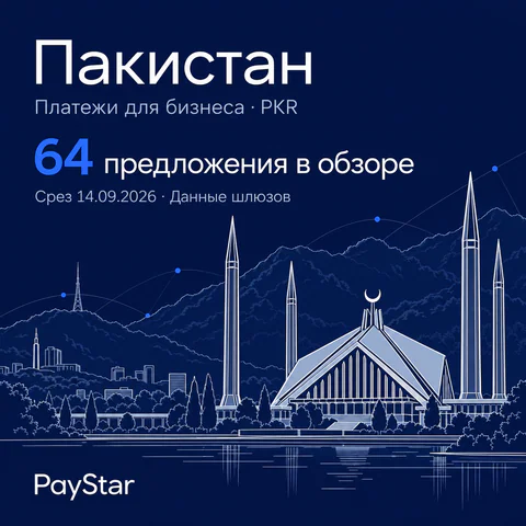 Пакистан: 64 предложения в обзоре; Платежи для бизнеса · PKR. Navy editorial landscape.