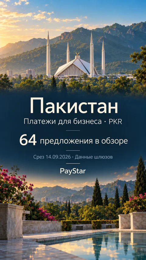Пакистан: 64 предложения в обзоре; Платежи для бизнеса · PKR. Bright editorial landscape.