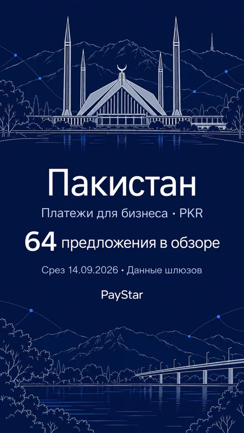 Пакистан: 64 предложения в обзоре; Платежи для бизнеса · PKR. Navy editorial landscape.