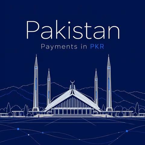 Fine pale line illustration of Faisal Mosque and Margalla Hills on deep navy. Editorial AI illustration, not a documentary viewpoint.