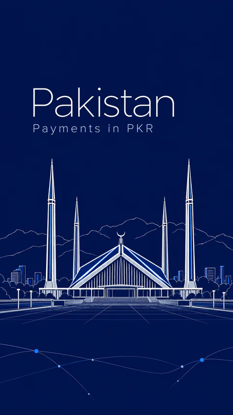 Fine pale line illustration of Faisal Mosque and Margalla Hills on deep navy. Editorial AI illustration, not a documentary viewpoint.