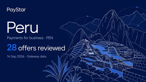 Peru: 28 offers reviewed; Payments for business · PEN. Navy editorial landscape.