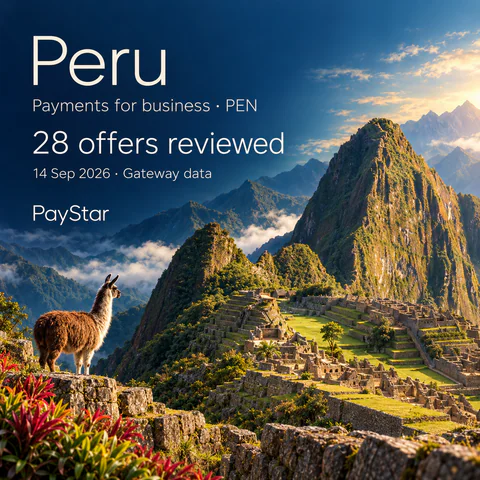 Peru: 28 offers reviewed; Payments for business · PEN. Bright editorial landscape.