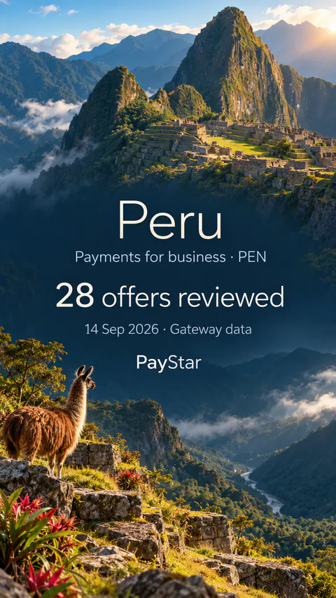 Peru: 28 offers reviewed; Payments for business · PEN. Bright editorial landscape.