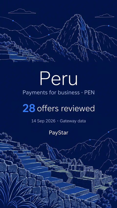 Peru: 28 offers reviewed; Payments for business · PEN. Navy editorial landscape.