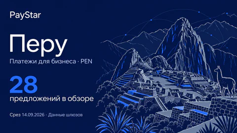 Перу: 28 предложений в обзоре; Платежи для бизнеса · PEN. Navy editorial landscape.