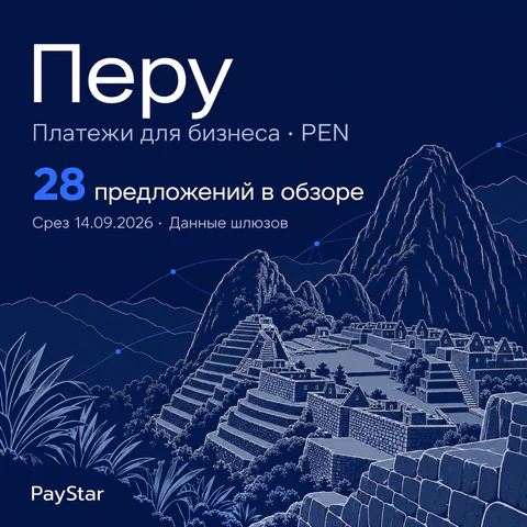 Перу: 28 предложений в обзоре; Платежи для бизнеса · PEN. Navy editorial landscape.