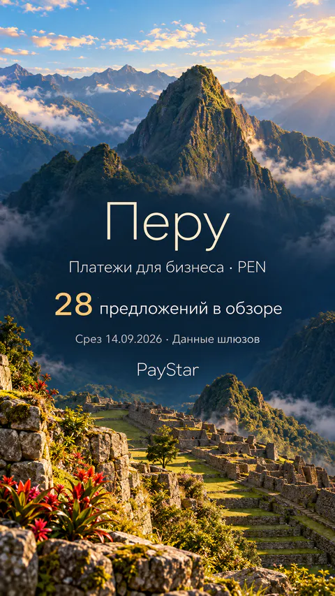 Перу: 28 предложений в обзоре; Платежи для бизнеса · PEN. Bright editorial landscape.