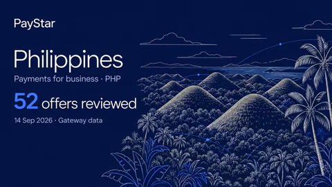 Philippines: 52 offers reviewed; Payments for business · PHP. Navy editorial landscape.