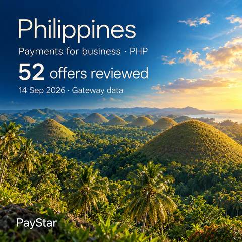 Philippines: 52 offers reviewed; Payments for business · PHP. Bright editorial landscape.